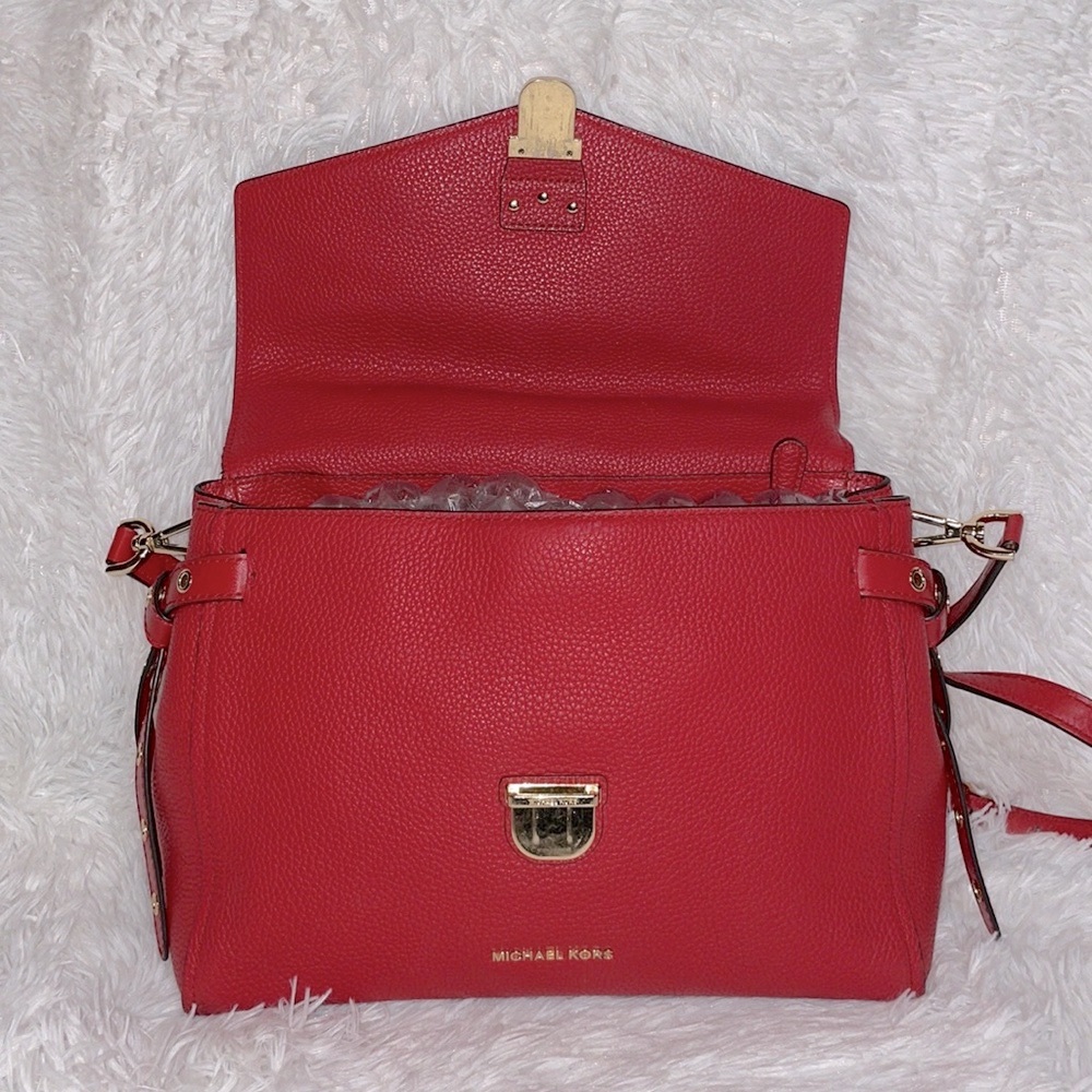 Michael Kors MK Bristol Studded Leather Satchel Crossbody Purse Shoulder Bag Red - Picture 13 of 17